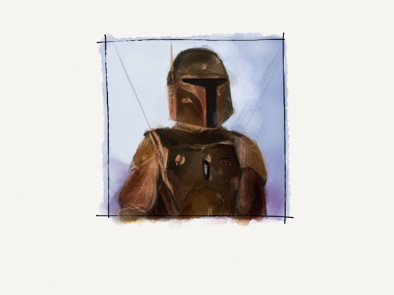 Digital watercolor and pencil portrait of Boba Fett in a scene from Star Wars The Empire Strikes Back where he watches Han Solo being loaded into the carbonite chamber.