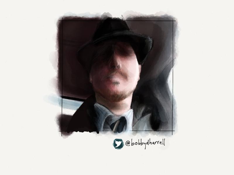 Digital watercolor and pencil portrait of a man sitting in a car wearing a fedora, dress shirt, striped tie, trench coat, and shortly trimmed beard. His face intentionally painted blank.