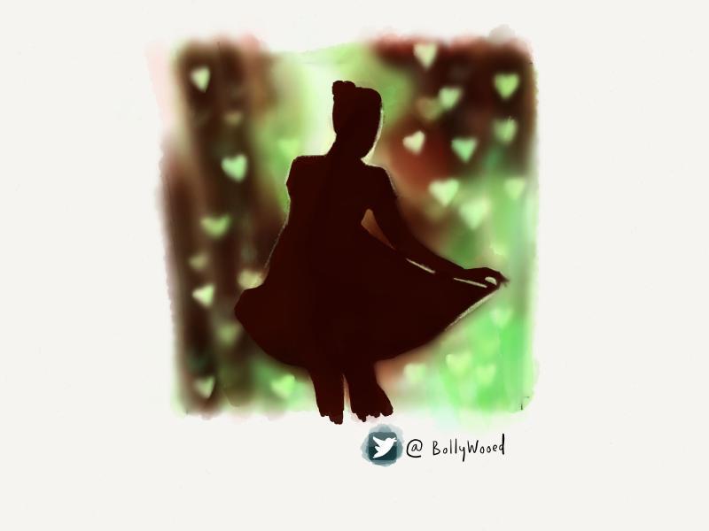 Digital watercolor and pencil portrait of a woman in silhouette holding her skirt to the side. Background bokeh of hearts painted in lime green.