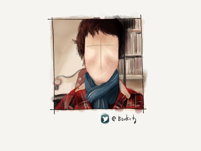 Digital watercolor and pencil portrait of a person with short brown hair, wearing a red plaid coat and tightly wrapped blue scarf. Face is intentionally painted with eyes, a nose, or mouth.