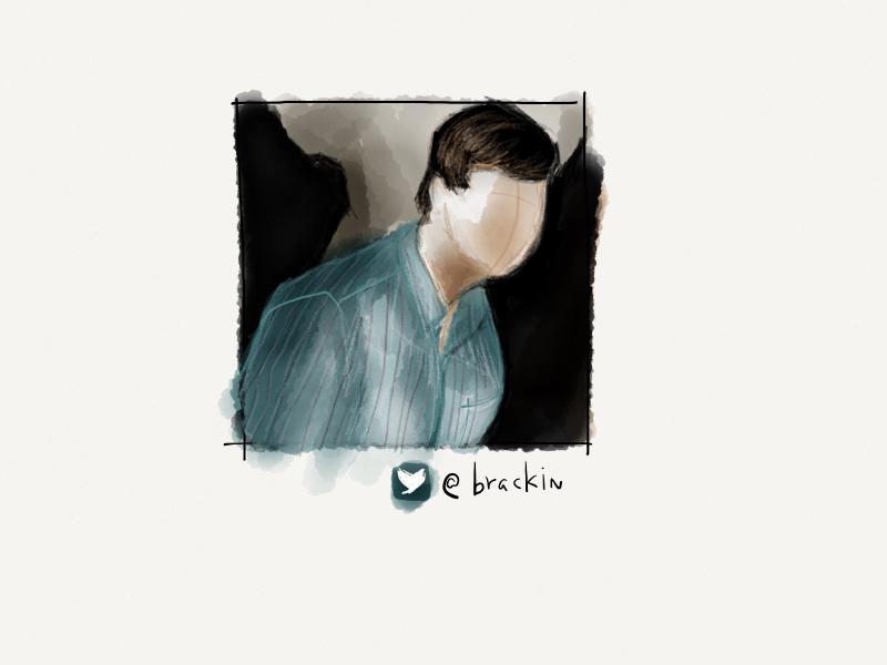 Digital watercolor and pencil portrait of a man with short hair and a blue striped long sleeve shirt. Face is intentionally painted blank with muted colors.