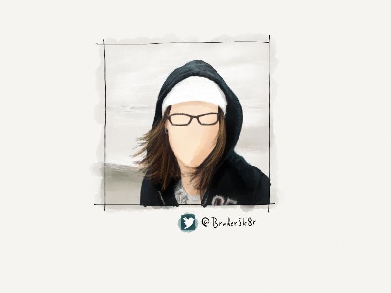 Digital watercolor and pencil portrait of a woman on the beach wearing a dark blue hoodie up over a white hat. Long hair is blowing to the side with brown glasses and a blank face staring at the viewer.
