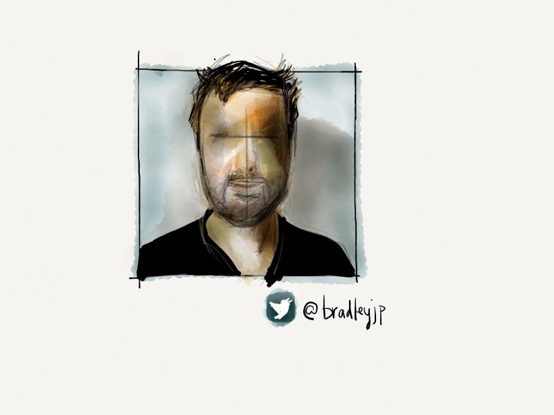 Digital watercolor and pencil portrait of a man with facial stubble and wearing a black polo shirt. Face is intentionally painted blank without eyes or a nose.