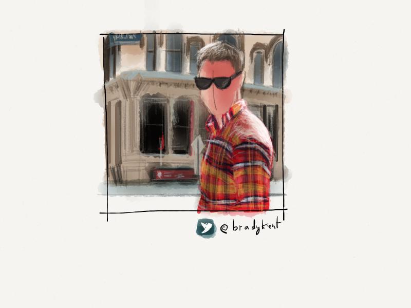 Digital watercolor and pencil portrait of a man with light brown hair, wearing a red and orange plaid long sleeve shirt, sunglasses, outside in front a building. Face is intentionally painted without a nose or mouth.