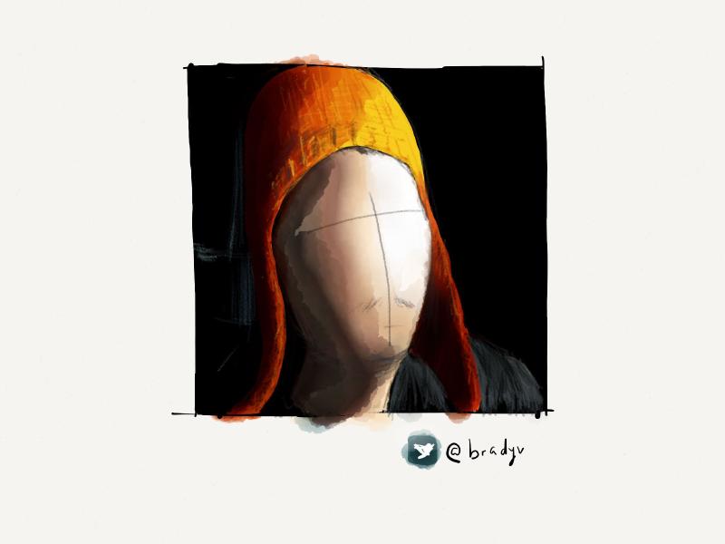 Digital watercolor and pencil portrait of a man with no face wearing a bright orange knit hat with ear flaps. Background is pitch black.