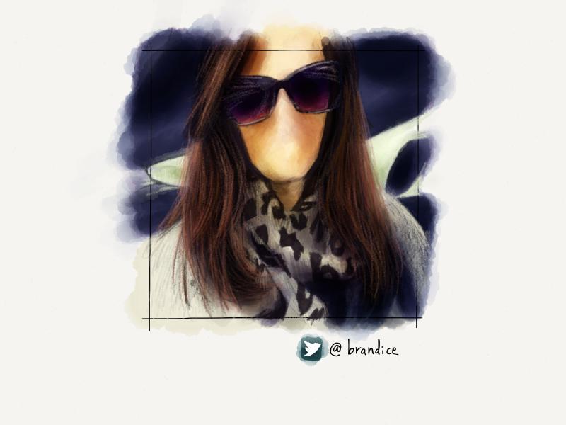Digital watercolor and pencil portrait of a faceless woman with long brown hair and wearing large purple tinted sunglasses and leopard print scarf wrapped around her neck.
