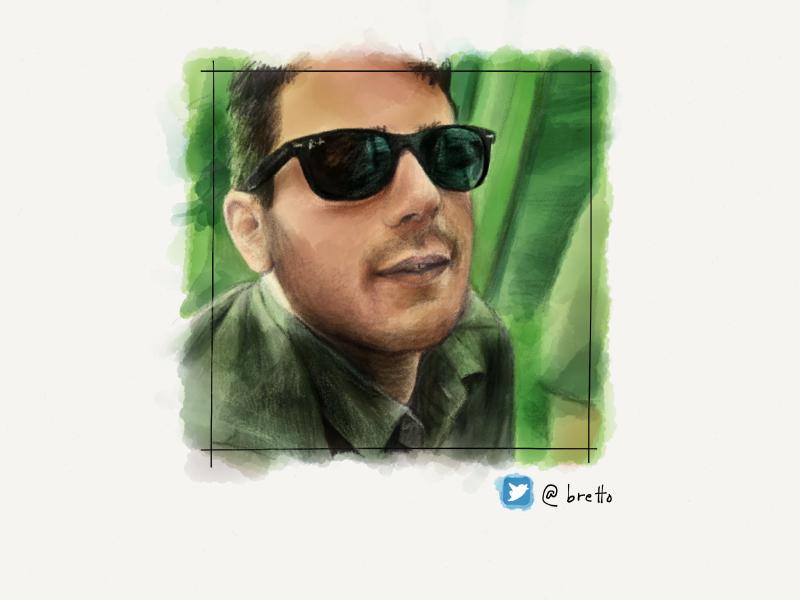 Digital watercolor and pencil portrait of a man looking up wearing black Ray Ban sunglasses and a grey-green collared shirt. Background is bright green.