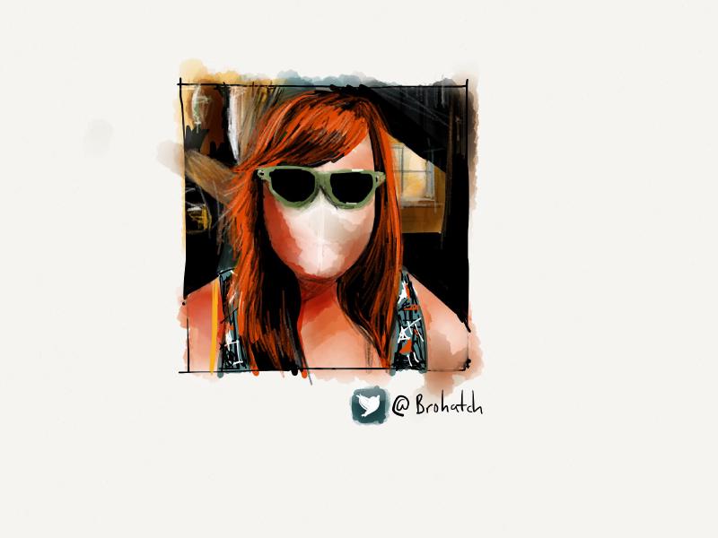 Digital watercolor and ink portrait of a faceless woman with orange hair and wearing green cat-eye sunglasses.