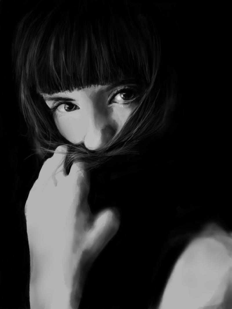 Black and white digital watercolor and pencil potrait of a girl bangs hiding her face with her long hair.