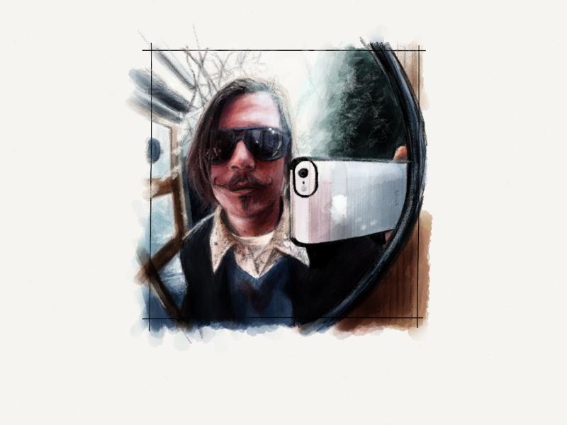 Digital watercolor and pencil portrait of a man with long hair and Van Dyke styled mustached taking a selfie with a white iPhone in a round mirror.