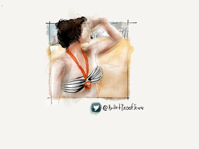 Digital watercolor and ink portrait of a woman with curly brown hair blocking the sun from her eyes with her hand and the beach while wearing a black and white striped swimsuit.