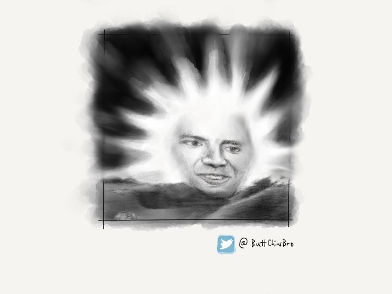 Black and white digital watercolor and pencil illustration of the sun from the Teletubies TV show with the face of Nicholas Cage.