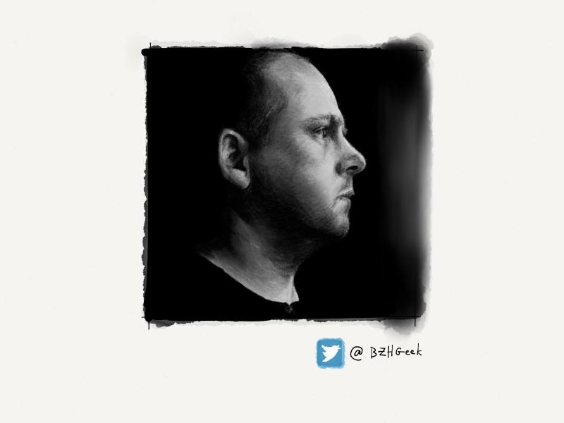 Black and white digital watercolor and pencil side profile portrait of a man in a black room with dramatic lighting.