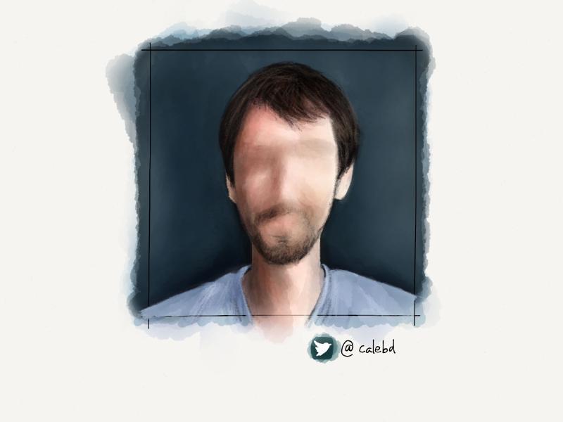 Digital watercolor and pencil portrait of a faceless man with brown hair and a goatee wearing a white t-shirt against a grey-blue background.