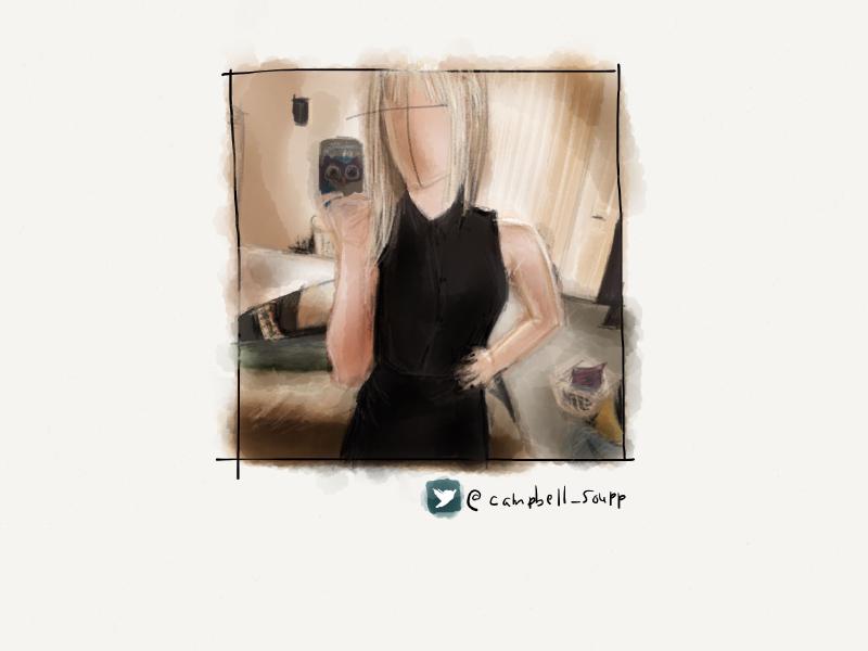Digital watercolor and pencil portrait of a blonde woman with straight hair and wearing a little black dress as she takes a selfie in her messy bedroom. Face is intentionally painted blank with muted colors.