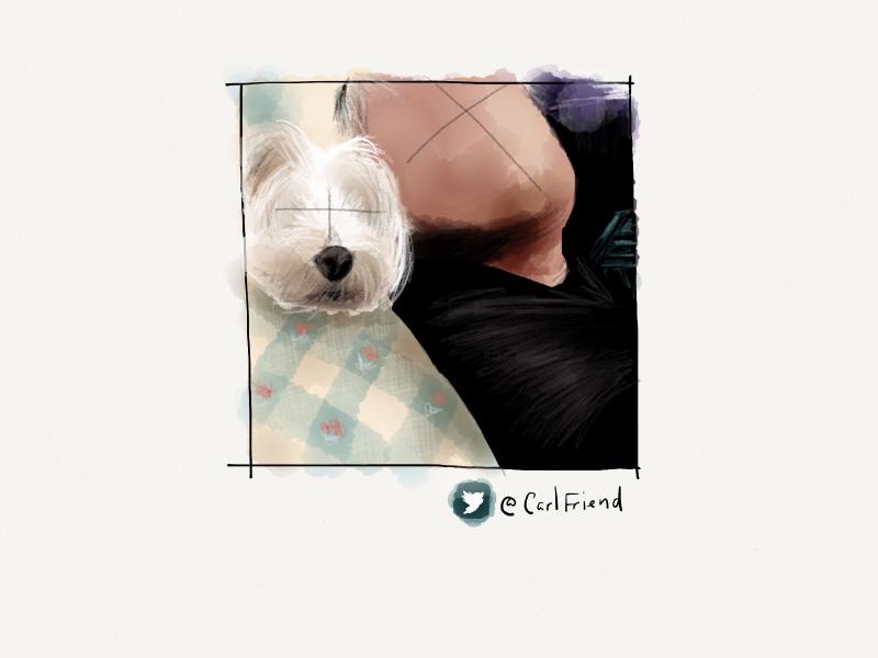 Digital watercolor and pencil portrait of faceless man and his white Terrier dog as they site together on a plaid couch looking at the viewer.