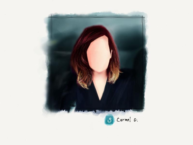 Digital watercolor and pencil portrait of a faceless woman with burgundy colored hair and highlighted tips. Blurred blue-grey background.