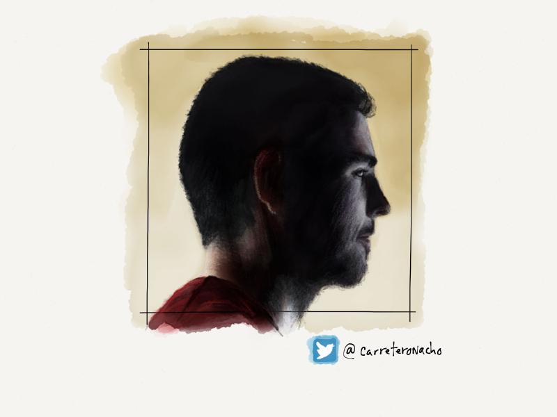 Digital watercolor and pencil side profile portrait of a man with short hair and stubble dramatically lit.