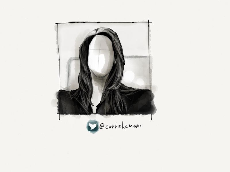 Black and white digital watercolor and pencil portrait of a faceless woman with long hair wearing a dress with puffy shoulders.