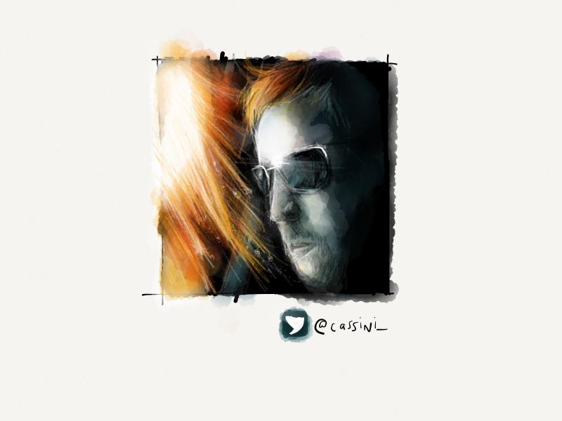 Digital watercolor and pencil portrait of a man wearing sunglasses balanced against a lens flare. Painted with complimentary colors of blue and orange.