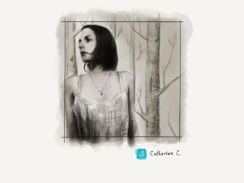 Low contrast black and white digital watercolor and pencil portrait of a woman in a bird cage nightgown standing in front of a wall of trees.