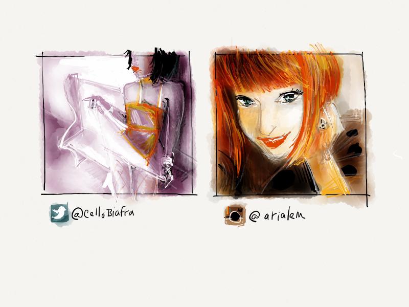 Digital watercolor paintings in squares arranged next to each other. First painting, woman with black hair lifting up a white and orange latex skirt as she sits against a purple wall. Second painting, same woman with red hair smiling with red lipstick resting her chin on her hand as she looks at the viewer.