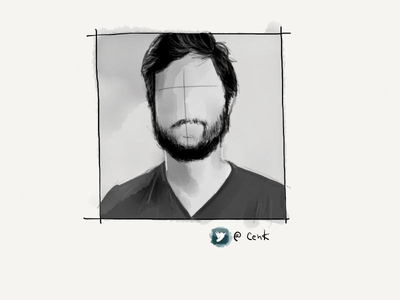 Black and white digital watercolor and pencil faceless portrait of a dark haired bearded man wearing a v-neck shirt looking at the viewer.