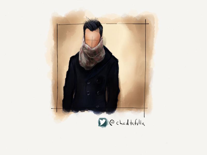 Digital watercolor and pencil portrait of a faceless man standing with his hands in his pockets wrapped in a large scarf and wearing a black peacoat.