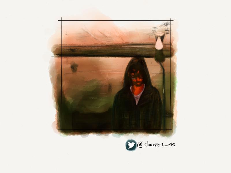 Digital watercolor and pencil portrait of a bearded man in glasses, wearing a hooded sweatshirt and standing in an old basement with a lightbulb lit above his head. Painted in muted oranges and greens.