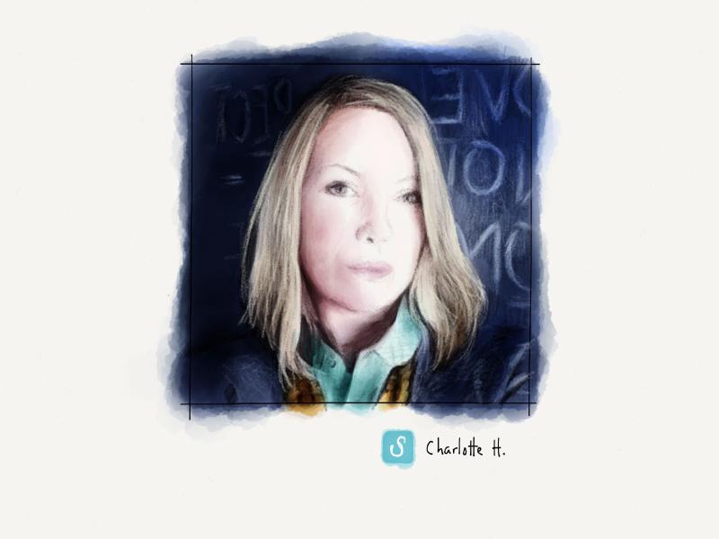 Digital watercolor and pencil portrait of a blonde woman with medium length straight hair taking a selfie in front a chalkboard with words written on it.