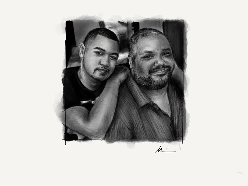 Black and white digital watercolor and pencil portrait of two men. Man on the left has short black hair, a mustache, and is resting on the other man's right shoulder. Man on the right has short hair and a trimmed beard, wearing a stripped dress shirt.