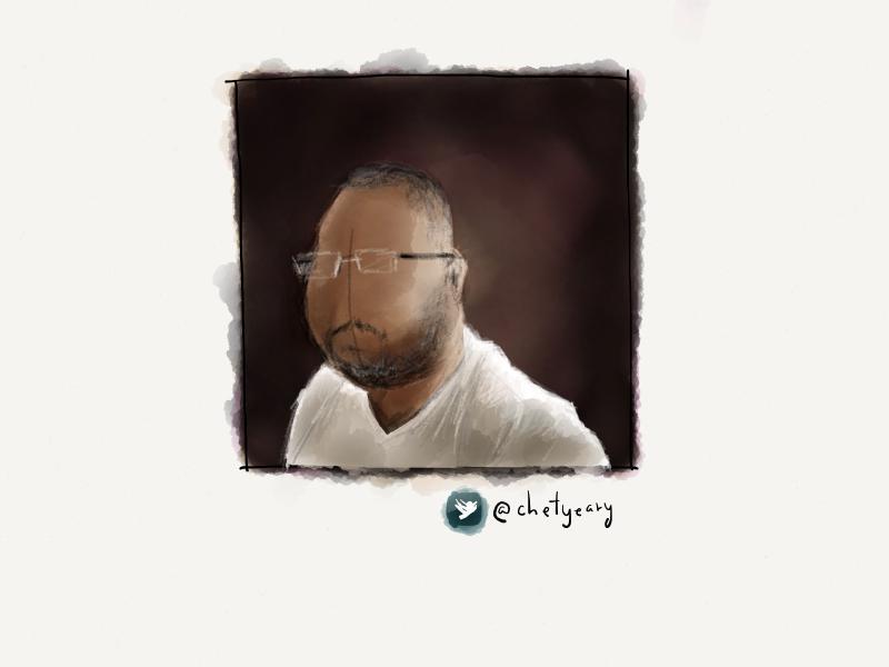 Digital watercolor and pencil portrait of a faceless man with short hair, beard, glasses, and white v-neck shirt against a warm brown background.