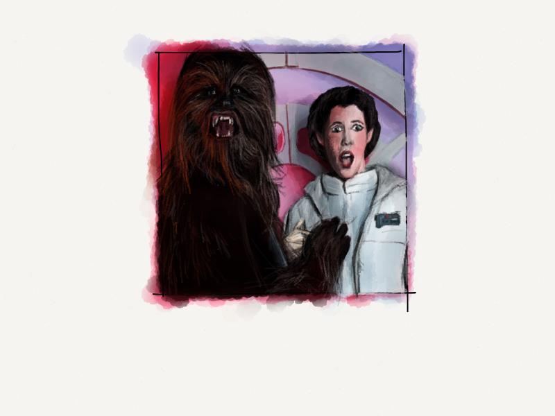 Digital watercolor and pencil portrait of Chewbacca roaring as he places his hand on the chest of Princess Leia, who looks surprised.