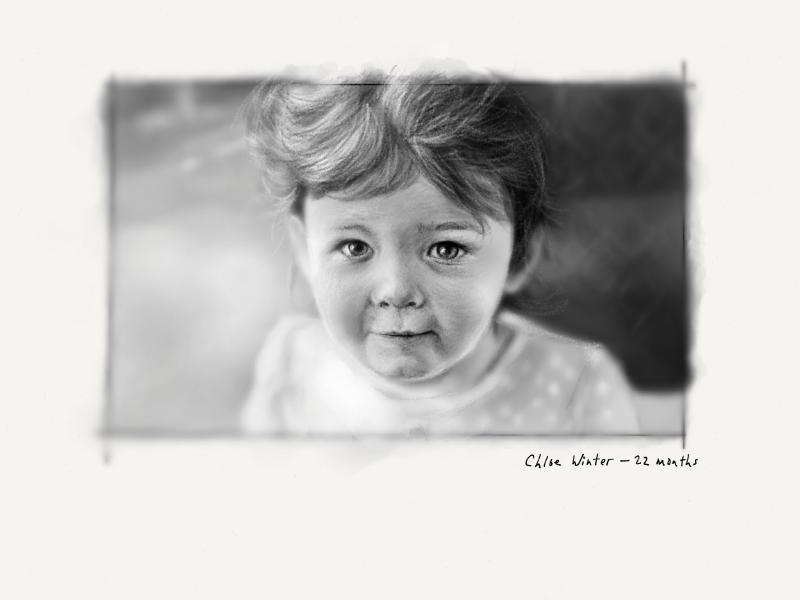 Black and white digital watercolor and pencil portrait of a young girl looking directly at the viewer. Slight bokeh in the background.