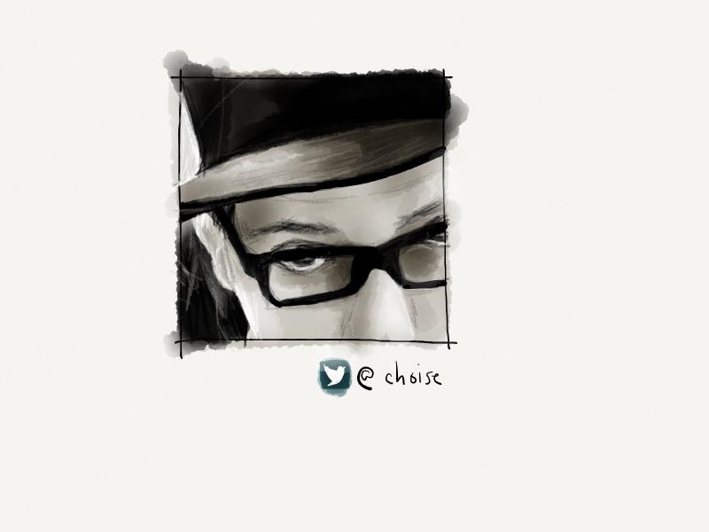 Black and white digital watercolor and pencil portrait of man wearing a hat and glasses. Cropped tight, showing his right eye, ear, and brim of hat as he looks up.