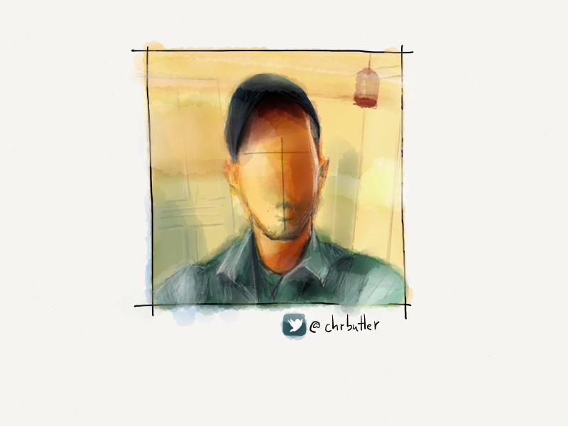 Digital watercolor and pencil portrait of a faceless man in a blue collared shirt looking towards the viewer. Hints of a door frame appear in the background washed in light yellows.