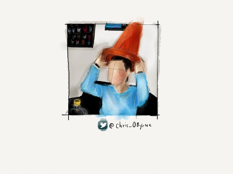 Digital watercolor and pencil portrait of a faceless man wearing a powder blue shirt and placed a large orange parking cone on his head.