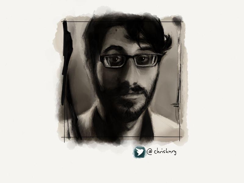 Black and white digital watercolor and pencil portrait of a bearded man with a curly side swept hair cut, wearing glasses, looking towards the viewer.