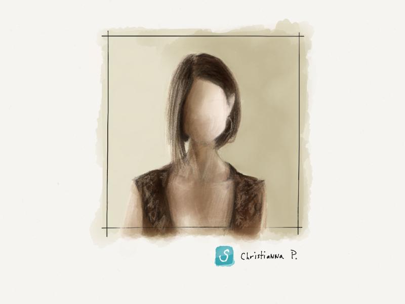 Digital watercolor and pencil portrait of a faceless woman with long hair swept in front of her face. Low contrast, painted in muted sepia tones.