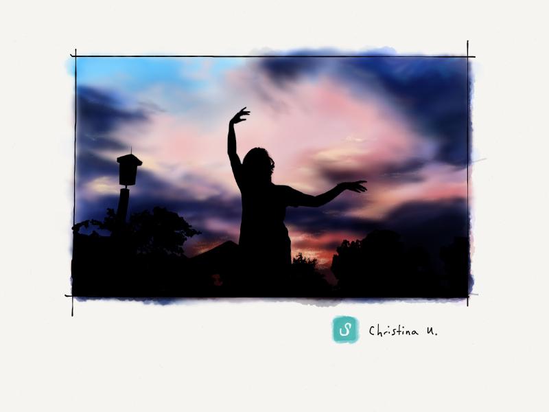 Digital watercolor and pencil portrait of a woman dancing outside at sunset. The figure, trees, and house in the background are all in silhouette against the pink, purple, and blue clouds.