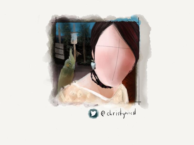 Digital watecolor and pencil portrait of a faceless woman with short red hair who is wearing large silver heart earrings and has a parkeet on her right shoulder.