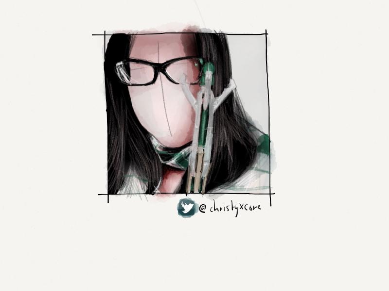 Digital watercolor and pencil portrait of a faceless woman with long black hair and glasses, holding a green and silver sonic screwdriver from Dr. Who.