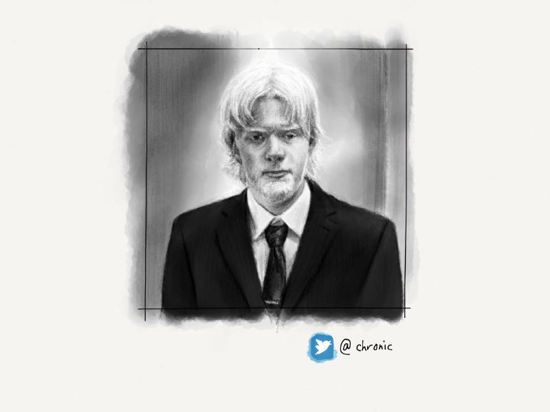 Black and white digital watercolor and pencil portrait of a man with white hair, parted down the middle, wearing a black suit and tie as he looks towards the viewer indirectly.