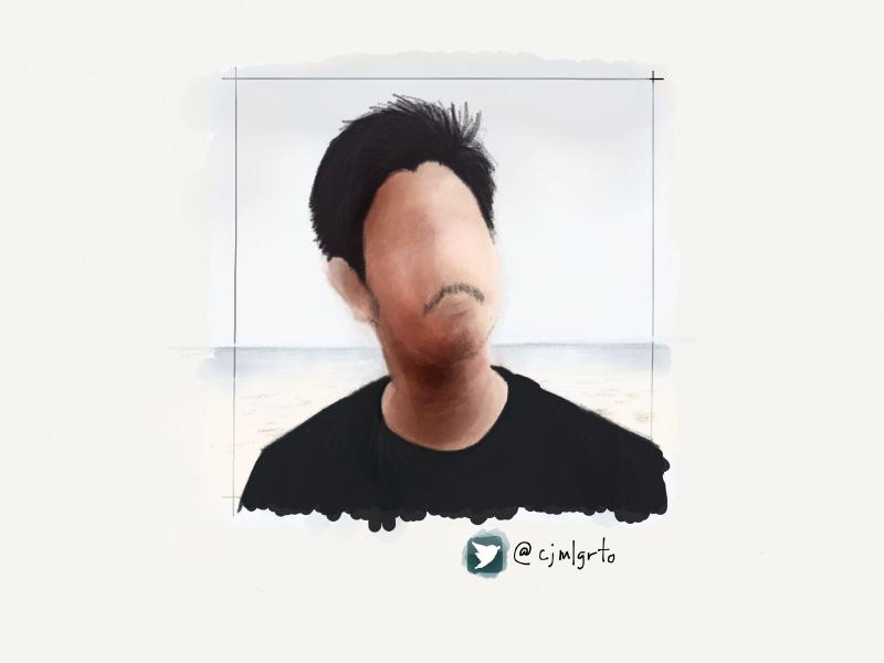 Digital watercolor and pencil portrait of a faceless man with black hair, wearing a black shirt and light mustache, as he looks up and to the right.