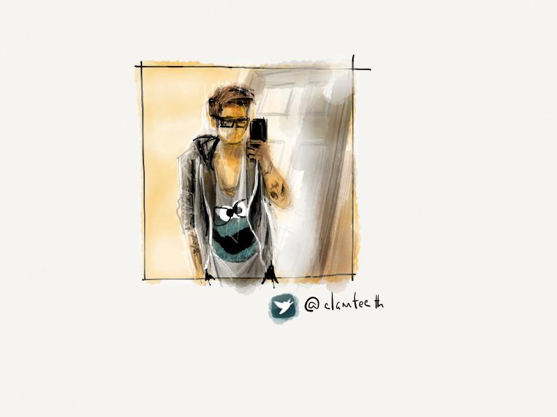 Digital watercolor and ink portrait of a faceless man in glasses, wearing a large Cookie Monster t-shirt underneath a gray hoodie as he takes a selfie in front of a door frame.