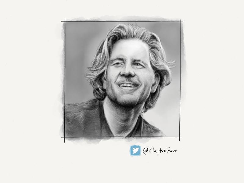 Black and white digital watercolor and pencil portrait of a man with longish wavy blonde hair and scruff, looking up towards the left.