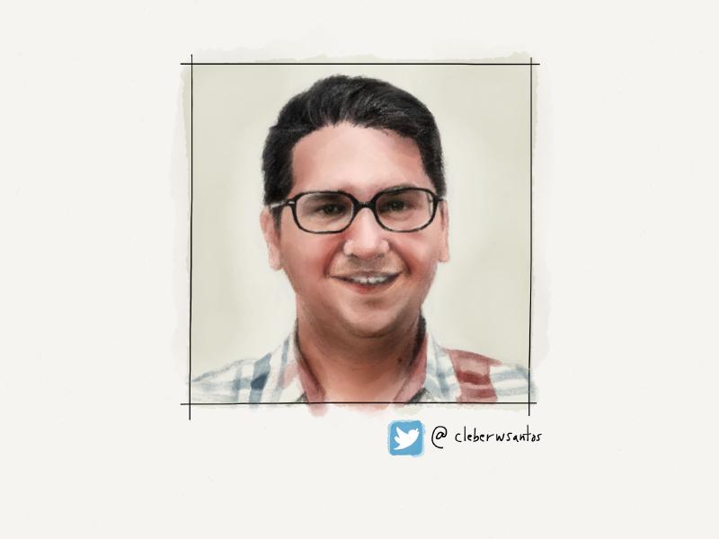 Digital watercolor and pencil portrait of a smiling man wearing a black glasses and a red/blue plaid shirt as he looks at the viewer.