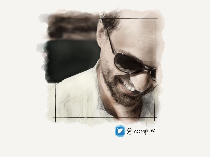 Digital watercolor and pencil portrait of a smiling man looking down, wearing reflective sunglasses, facial scruff, and a white collared shirt. Slight bokeh in the background. Painted in muted tones.