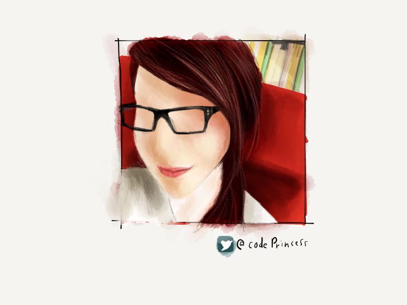 Digital watercolor and pencil portrait of a faceless woman with red hair pulled to the side, wearing artsy black glasses, and sitting on a bright red couch.