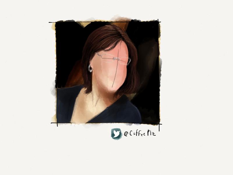Digital watercolor and pencil portrait of a faceless woman with medium length brunette hair, wearing silver framed glasses, hoop earings, and dark blue top.